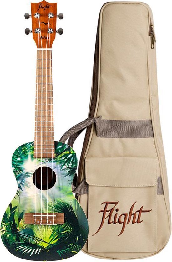 Flight concertukulele met jungleprint, naast een crèmekleurige draagtas met 'Flight' logo.