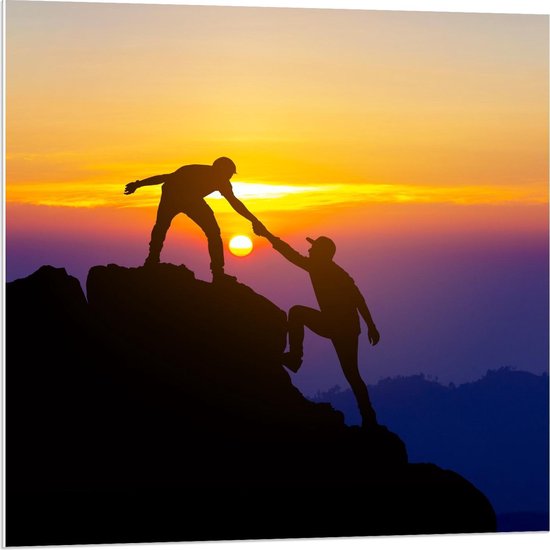 Forex - Bergbeklimmers tijdens Zonsondergang - 80x80cm Foto op Forex