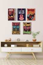 3D Retro Hout Posters 5 stuks Life Music Always Wear A Smile