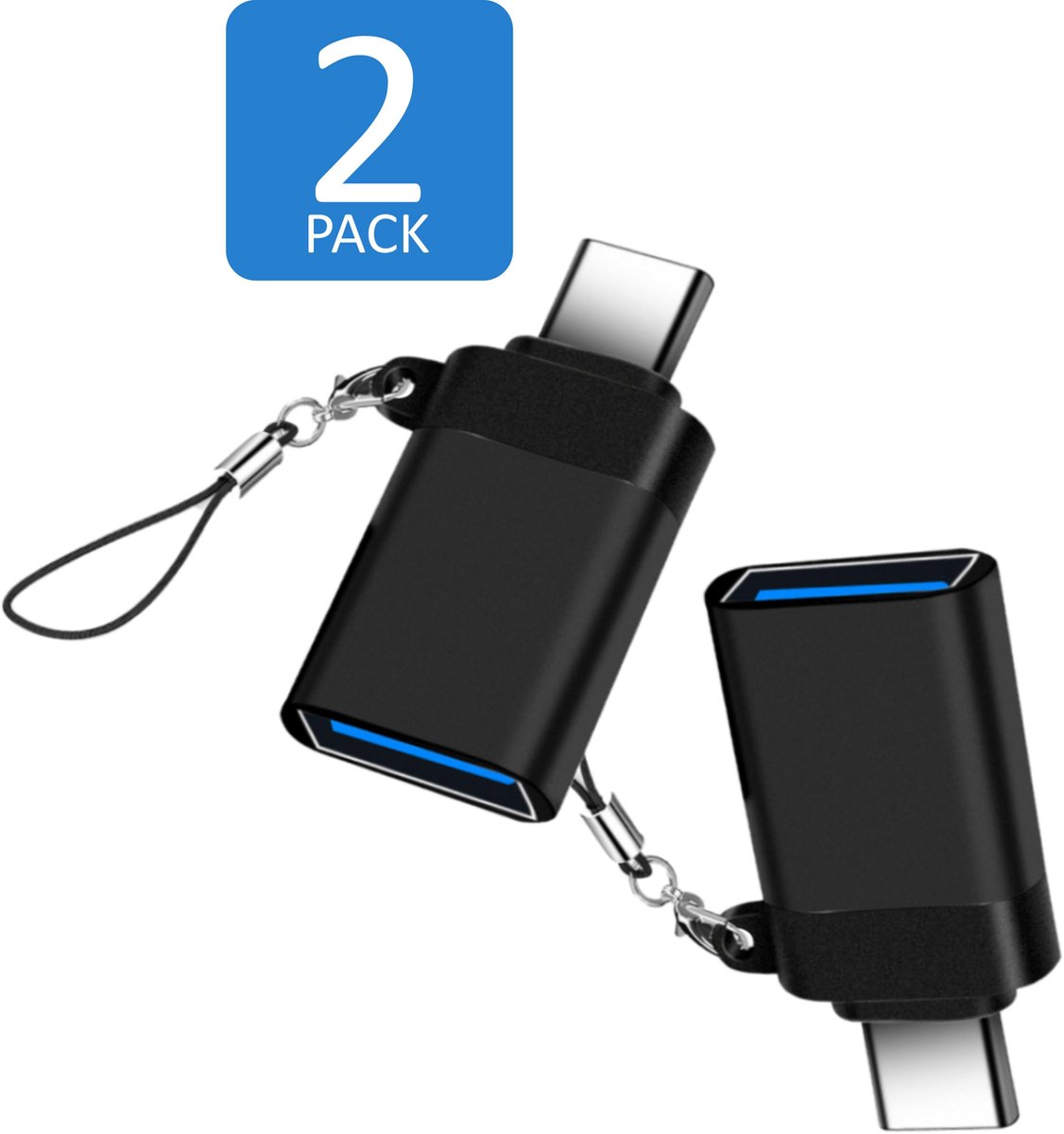 USB-C naar USB-A 3.0 Adapter – 2 delige set USB-C converter met koord – USB verloop -5Gbps - Zwart - BrightSide