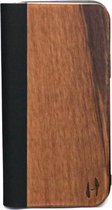 Houten design flip case, iPhone 12 pro – Noten met zwart leer