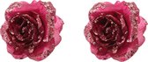 2x stuks decoratie bloemen roos framboos roze (magnolia) glitter op clip 14 cm - Decoratiebloemen/kerstboomversiering