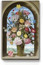 Vaas met bloemen in raam - Ambrosius Bosschaert de Oude - 19,5 x 30 cm - Niet van echt te onderscheiden houten schilderijtje - Mooier dan een schilderij op canvas - Laqueprint.