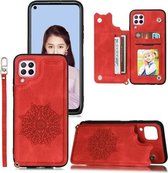 Voor Samsung Galaxy A12 Mandala reliëf PU + TPU hoesje met houder & kaartsleuven & fotolijst & riem (rood)