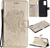 Voor Samsung Galaxy A52 5G Boom & Kat Patroon Geperst Afdrukken Horizontale Flip PU Lederen Case met Houder & Kaartsleuven & Portemonnee & Lanyard (Goud)