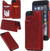 Bloem reliëfpatroon schokbestendig beschermhoes met houder & kaartsleuven en fotolijst voor iPhone 8 Plus / 7 Plus (rood)