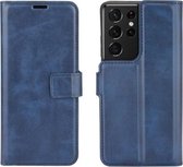 Retro Kalfspatroon Gesp Kaart Portemonnee Links en Rechts Flip Telefoon Holster met Beugel Functie Voor Galaxy S21 Ultra (Blauw)