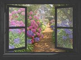 SCHUTTINGPOSTER - 90x65 cm - doorkijk - ZWART venster hortensia tuin - tuindecoratie - tuindoek - tuin decoratie - tuinposters buiten - tuinschilderij