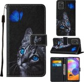 Voor Samsung Galaxy A31 Cross Texture Painting Pattern Horizontale Flip Leather Case met Houder & Kaartsleuven & Portemonnee & Lanyard (Blue Butterfly Cat Eyes)