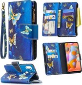 Voor Samsung Galaxy A11 Gekleurde Tekening Patroon Rits Horizontale Flip Leren Case met Houder & Kaartsleuven & Portemonnee (Goud Vlinder)