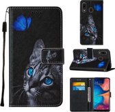 Voor Samsung Galaxy A20 / A30 Cross Texture Painting Pattern Horizontale Flip lederen tas met houder & kaartsleuven & portemonnee & lanyard (Blue Butterfly Cat Eyes)