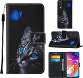 Voor Samsung Galaxy A70 / A70s Cross Texture Painting Pattern Horizontale Flip Leather Case met houder & kaartsleuven & portemonnee & lanyard (Blue Butterfly Cat Eyes)
