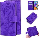 Voor Samsung Galaxy A21s Tiger Embossing Pattern Horizontale Flip lederen tas met houder & kaartsleuven & portemonnee (paars)