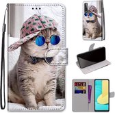 Voor LG Stylo 7 5G Gekleurde Tekening Cross Textuur Horizontale Flip PU Lederen Case met Houder & Kaartsleuven & Portemonnee & Lanyard (Slant Hat Blue Mirror Cat)