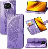 Voor Xiaomi Poco X3 NFC Butterfly Love Flower Reliëf Horizontale Flip Leren Case met Beugel / Kaartsleuf / Portemonnee / Lanyard (Lichtpaars)