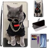 Voor Xiaomi Mi 10 Pro 5G Gekleurde tekening Cross Texture Horizontale Flip PU lederen hoes met houder & kaartsleuven & portemonnee & lanyard (Golden Chain Grey Cat)