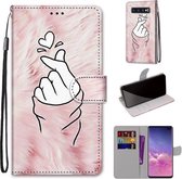Voor Samsung Galaxy S10 + Gekleurde tekening Cross Texture Horizontale Flip PU lederen tas met houder & kaartsleuven & portemonnee & lanyard (Pink Hands Than Hearts)