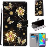 Voor Samsung Galaxy M01 Gekleurde Tekening Cross Textuur Horizontale Flip PU Lederen Case met Houder & Kaartsleuven & Portemonnee & Lanyard (Goud Diamant Vlinder)