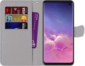 Voor Samsung Galaxy S10 Gekleurde Tekening Cross Textuur Horizontale Flip PU Lederen Case met Houder & Kaartsleuven & Portemonnee & Lanyard (Gouden Ketting Grijze Kat)