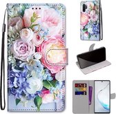 Voor Samsung Galaxy Note10 + Gekleurde Tekening Cross Textuur Horizontale Flip PU Lederen Case met Houder & Kaartsleuven & Portemonnee & Lanyard (Lichtroze Boeket)