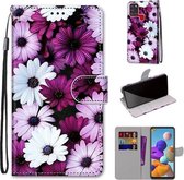 Voor Samsung Galaxy A21s Gekleurde tekening Cross Texture Horizontale Flip PU lederen tas met houder & kaartsleuven & portemonnee & lanyard (Chrysanthemum Pink White Purple)