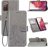 Voor Galaxy S20 FE / S20 Lite Vierbladige sluiting Reliëfgesp Mobiele telefoonbescherming Leren tas met Lanyard & Card Slot & Wallet & Bracket-functie (grijs)