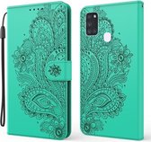 Voor Samsung Galaxy M30s Pauw Reliëfpatroon Horizontale Flip Leren Case met Houder & Kaartsleuven & Portemonnee & Lanyard (Groen)