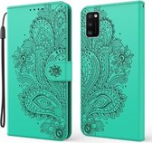 Voor Samsung Galaxy A41 Pauw Reliëfpatroon Horizontale Flip Leren Case met Houder & Kaartsleuven & Portemonnee & Lanyard (Groen)