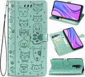 Voor Xiaomi Redmi 9 Mooie kat en hond Embossing patroon Horizontale flip lederen tas met houder & kaartsleuven & portemonnee & cartoon sluiting & lanyard (groen)