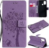 Voor OnePlus Nord N100 Tree & Cat Pattern Pressed Printing Horizontale Flip PU lederen hoes met houder & kaartsleuven & portemonnee & lanyard (lichtpaars)