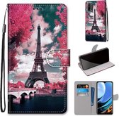 Voor Xiaomi Redmi Note 9 4G / 9 Power Gekleurde Tekening Cross Texture Horizontale Flip PU Leather Case met Houder & Kaartsleuven & Portemonnee & Lanyard (Pink Flower Tower Bridge)