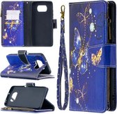 Voor Xiaomi Mi Poco X3 Gekleurde Tekening Patroon Rits Horizontale Flip Leren Case met Houder & Kaartsleuven & Portemonnee (Paarse Vlinder)
