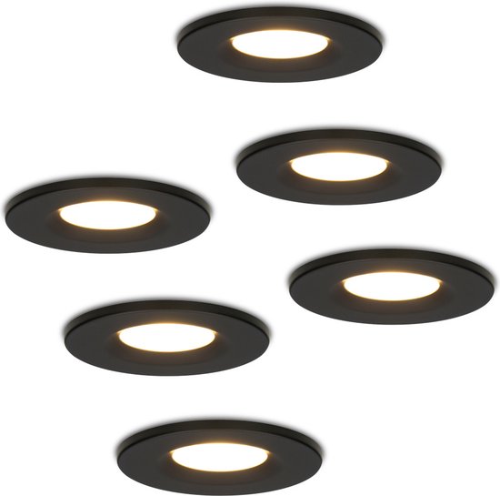 HOFTRONIC Venezia - Set van 6 LED inbouwspots zwart - IP65 waterdicht - Dimbaar - 6 Watt 600 lumen - Met lichtbron - 2700K Warm wit licht - Zaagmaat 65mm - inbouwdiepte 45mm - Geschikt voor badkamer, woonkamer, veranda en carport - 3 jaar garantie