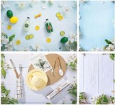 PVC achtergrond voor fotografie - Blauw en wit hout met bloemen - Dubbelzijdig - Food en product fotografie - Waterproof - 58 x 86 cm