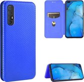 Voor OPPO Reno3 Pro Overseas-versie (India / Zuidoost-Azië) Koolstofvezeltextuur Magnetische horizontale flip TPU + pc + PU lederen hoes met kaartsleuf en lanyard (blauw)