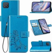 Voor OPPO A92S vierbladige sluiting reliëf gesp mobiele telefoon bescherming lederen tas met lanyard & kaartsleuf & portemonnee & houder (blauw)