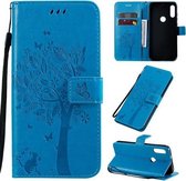 Voor Motorola Moto E7 Tree & Cat Pattern Pressed Printing Horizontale Flip PU lederen tas met houder & kaartsleuven & portemonnee & lanyard (blauw)
