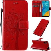 Voor Huawei Enjoy 10e Tree & Cat Pattern Pressed Printing Horizontale Flip PU Leather Case met houder & kaartsleuven & portemonnee & Lanyard (rood)