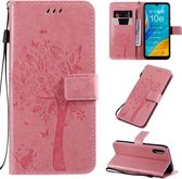 Voor Huawei Enjoy 10e Boom & Kat Patroon Geperst Afdrukken Horizontale Flip PU Lederen Case met Houder & Kaartsleuven & Portemonnee & Lanyard (Roze)