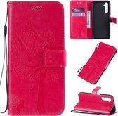 Voor OPPO Reno 6 Pro boom & kat patroon geperste print horizontale flip PU lederen tas met houder & kaartsleuven & portemonnee & koort (Rose Red)