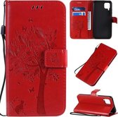 Voor Huawei P40 Lite / nova 6 SE Tree & Cat Pattern Pressed Printing Horizontale Flip PU lederen hoes met houder & kaartsleuven & portemonnee & lanyard (rood)