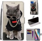 Voor Motorola Moto G 5G Plus Gekleurde Tekening Cross Textuur Horizontale Flip PU Leren Case met Houder & Kaartsleuven & Portemonnee & Lanyard (Gouden Ketting Grijze Kat)