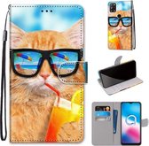 Voor Alcatel 3X 2020 Gekleurde Tekening Cross Textuur Horizontale Flip PU Lederen Case met Houder & Kaartsleuven & Portemonnee & Lanyard (Kat Drinken Soda)