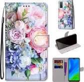 Voor Huawei P smart 2020 Gekleurde Tekening Cross Textuur Horizontale Flip PU Lederen Case met Houder & Kaartsleuven & Portemonnee & Lanyard (Lichtroze Boeket)