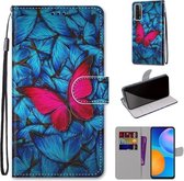 Voor Huawei P smart 2021 / Y7a Gekleurde Tekening Cross Textuur Horizontale Flip PU Lederen Case met Houder & Kaartsleuven & Portemonnee & Lanyard (Blauw Rood Vlinder)
