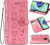 Voor Xiaomi Redmi Note 9S / Note 9 Pro / Note 9 Pro Leuke kat en hond reliëf horizontale flip lederen tas met beugel / kaartsleuf / portemonnee / lanyard (roze)