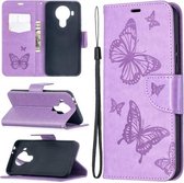 Voor Nokia 5.4 Two Butterflies Embossing Pattern Horizontale Flip Leather Case met houder & kaartsleuf & portemonnee & lanyard (paars)