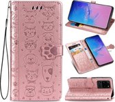 Voor Galaxy S20 Ultra Leuke Kat en Hond Reliëf Horizontale Flip PU Leren Case met Houder / Kaartsleuf / Portemonnee / Lanyard (Rose Goud)