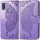 Voor Galaxy A11 Butterfly Love Flower Reliëf Horizontale Flip Leren Case met Beugel / Kaartsleuf / Portemonnee / Lanyard (Lichtpaars)