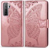 Voor Huawei Nova 7 SE / P40 Lite 5G Vlinder Liefde Bloem Reliëf Horizontale Flip Leren Case met Beugel / Kaartsleuf / Portemonnee / Lanyard (Rose Goud)